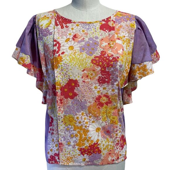 Vintage 60s 70s Floral Angel Wing Top Lavender Orange Size Small - Picture 1 of 6